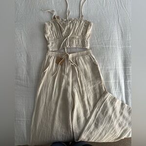 Cream Two-Piece Linen Set with Crop Top and Wide-Leg Pants